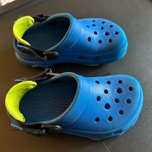 CROCS Kids Blue Clog with Neon Yellow Heel Strap